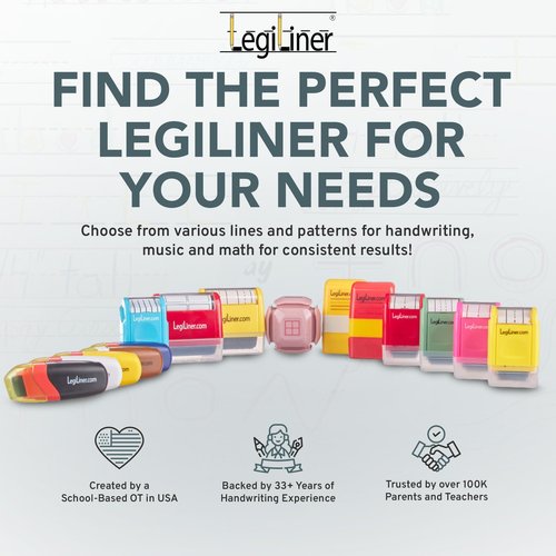 LEGILINER 3/4" Dashed Handwriting Line (RED) Teacher Stamp – Tri-Line Dashed Pattern. Classroom & Home Use. Refillable Ink Writing Practice Roller Stamp.