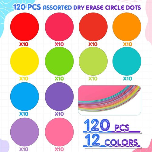 120 Pieces Colorful Large Dry Erase Dots Circles 11 Inch Removable Vinyl Table Stickers Wall Decals Spots with 16 Pieces Whiteboard Markers for Classroom Teacher Students Home Desk Wall