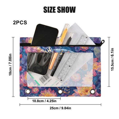 Sea Turtle Pencil Pouch for 3 Ring Binder, Large Pencil Case Pouch with 3 Reinforced Grommets, Pen Bag, Clear Window Pencil Case, Binder Accessories, 2 Pack