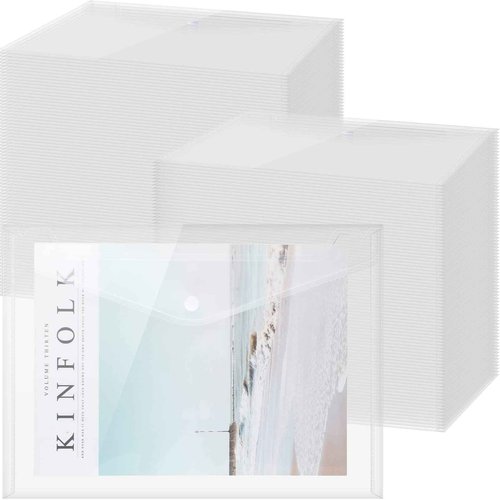 Zhehao 200 Pack Clear Envelopes A4 Plastic Folder with Snap Closure Button Bulk Letter Size Poly Document File Folder Pouch Organizer for Office Home, Transparent