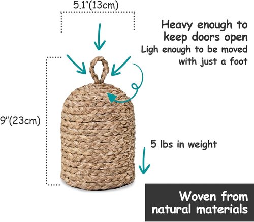 PEMAR Natural Wicker Door Stopper with Handle, Decorative Door Stop, Heavy Indoor Doorstop, Rustic Farmhouse Blocker Jammer 5.1''D x 7.5''H (Seagrass)