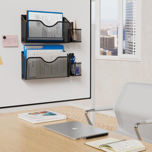 JANE EYRE Magnetic File Holder - 2pcs Hanging File Organizer Magazine Document Paper Holders with 2pcs Pen Holders for Classroom Cabinets Office,No Drilling(BLACK)