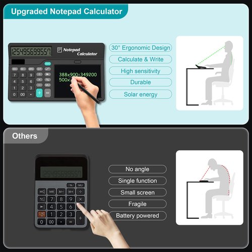 Calculators Desktop with Notepad Writing Tablet 6 Inch, 12 Digit Large Button Office Calculator with Magnetic Stylus, Support Solar & Battery, Desk Calculator for Office, School & Home