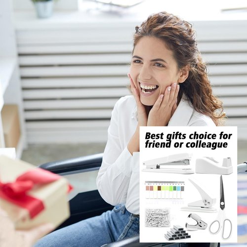 White Desk Accessories, White Office Supplies,Large Stapler and Tape Dispenser Set, White Desk Accessory Kit, Gift for Students, Women, Coworkers, Boss Lady, Office Clerks