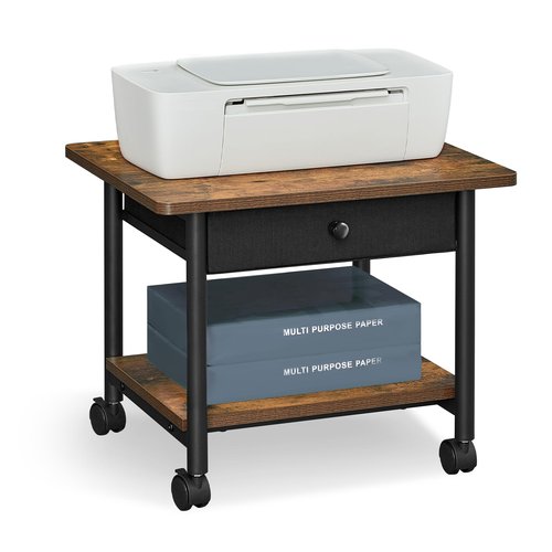 VASAGLE Heavy-Duty Printer Stand with Locking Wheels, 2-Tier with Drawer Industrial Mobile Cart with Storage Shelf, Printer Table for Home, Office, 15.6" Height, Rustic Brown and Black UOPS004B01