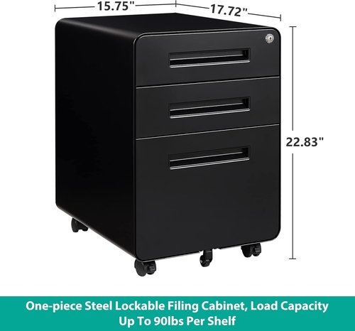 SISESOL 3-Drawer Rolling File Cabinet - Lockable Modern Office Storage with Anti-Tilt Wheels | A4/Letter/Legal Size