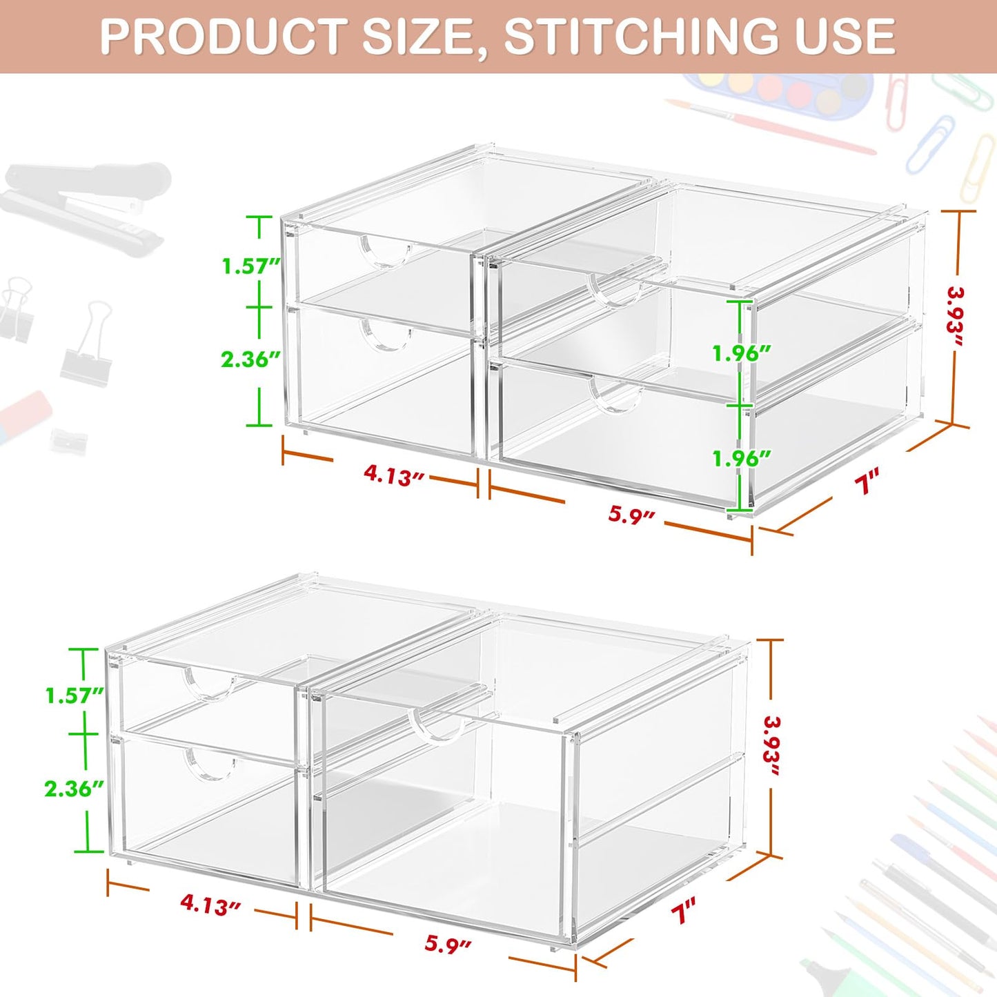 caktraie 2 Pack Desk Organizers, Makeup Organizer Storage with 7 Drawers, Desktop Office Supplies, Clear Desk Accessories, Dustproof Drawer Organizer and Storage for Make Up, Jewelry, Pen