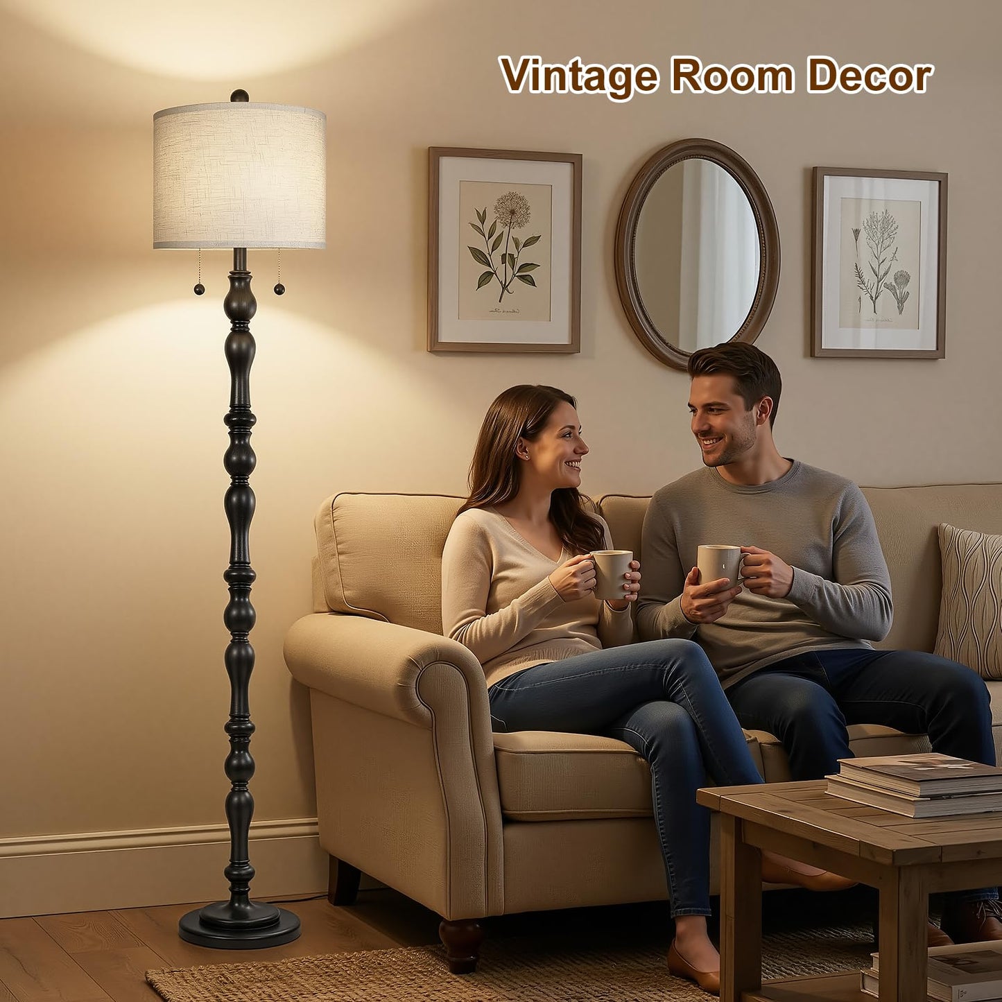 Scenekoy 65.5 Natural Real Wood Rustic Floor Lamp for Living Room Bedroom, Dual Pull Chains Switch, Wooden Base, Retro Farmhouse Tall Standing Lamp with Linen Shade for Living Room Office Home Room