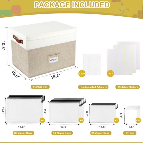 Board Game Storage, Board Game Organizer with 12pcs Zipper Bags and Writable Stickers, Board Game Organizers Storage with Lid for Office Supplies,Puzzles,Video Game,Craft Product (Beige, 1-Pack Large)