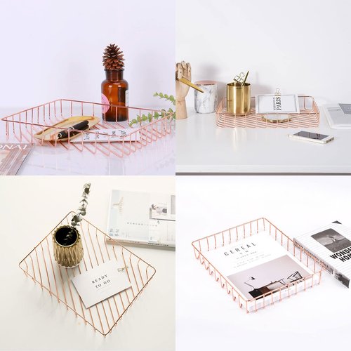 Okllen 3 Pack Wire Desktop File Organizer, Rose Gold Paper Tray, Office Document Storage Basket for Home, Pantry, Classroom