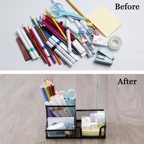 EMIZIU 4 Pieces Mesh Pen Holder Desk Organizers and Accessories for Deskop Organizer,3 Compartments Black Pencil Holder for Office Supplies,Gifts for Colleague
