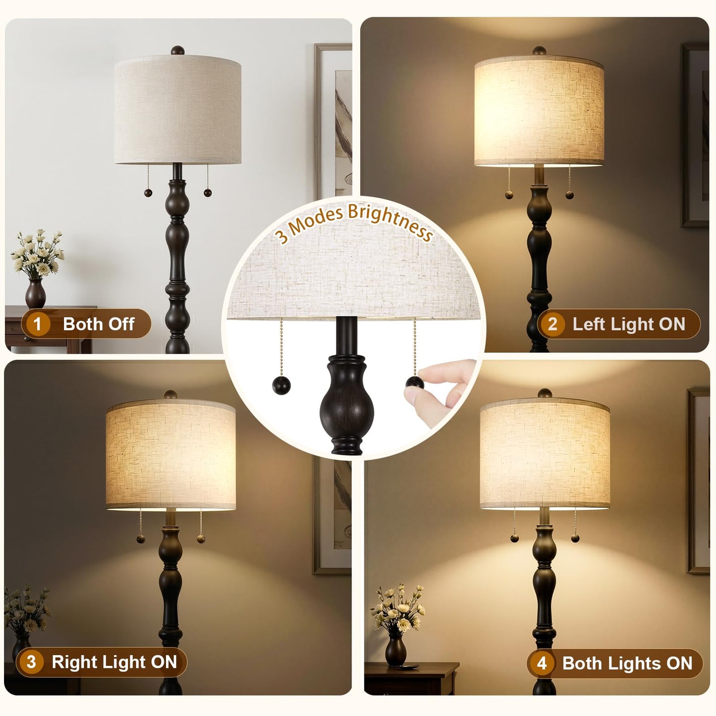 Scenekoy 65.5 Natural Real Wood Rustic Floor Lamp for Living Room Bedroom, Dual Pull Chains Switch, Wooden Base, Retro Farmhouse Tall Standing Lamp with Linen Shade for Living Room Office Home Room