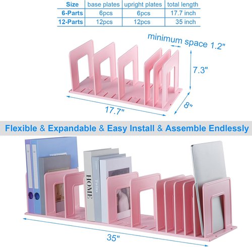 Skiennix Adjustable Vertical File Sorter - Sturdy Plastic Desktop Organizer | Expandable Pink File Holder