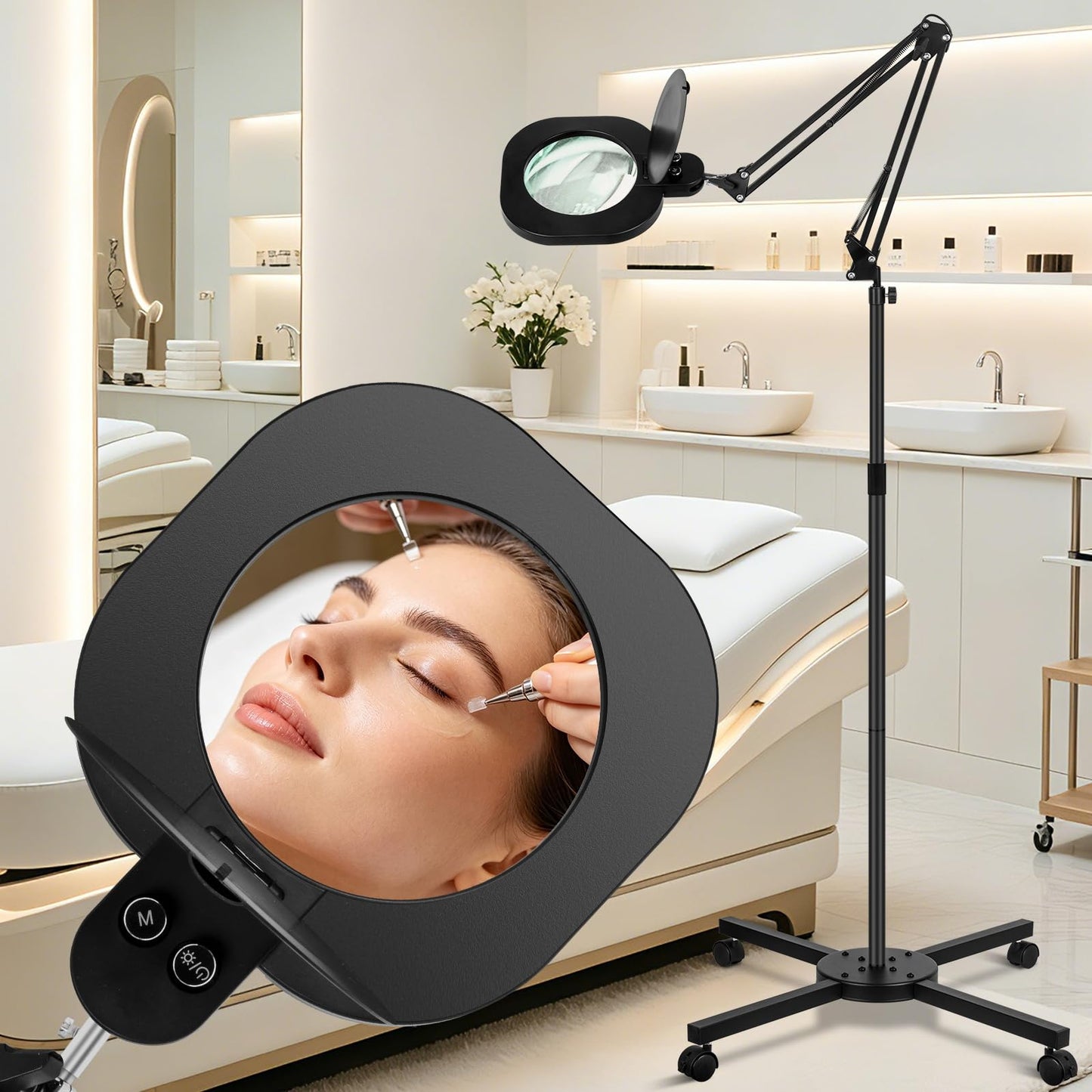 HITTIT 12X Large Floor Magnifying Glass with Light and Stand, 5-Inch Real Glass Lens, 4-Wheel Rolling, Adjustable Height, Dust Cover, 2-in-1 Lighted Magnifier for Reading, Craft,Sewing-Black