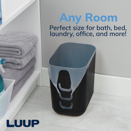 STORi Luup Bathroom Wastebasket, Secure Grocery Bags, Plastic Garbage Container for Vanity, Laundry Room, Kitchen, Office, 2.5 Gallon, Black, Made in USA