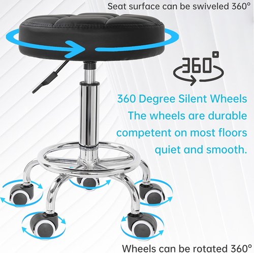 IBVIVIC PU Leather Rolling Stool - Height Adjustable Round Swivel Chair for Spa & Salon | Black