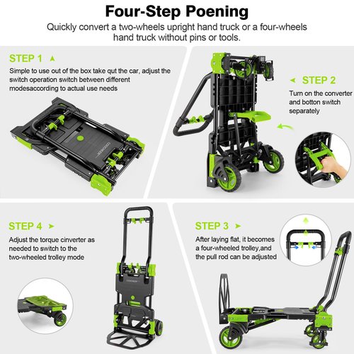 2-in-1 Folding Hand Truck Dolly 330LB Load Carrying, Hand Truck Foldable Dolly with Retractable Handle and 4 Rubber Wheels, Portable Folding Hand Cart for Moving/Travel/Office(Green)