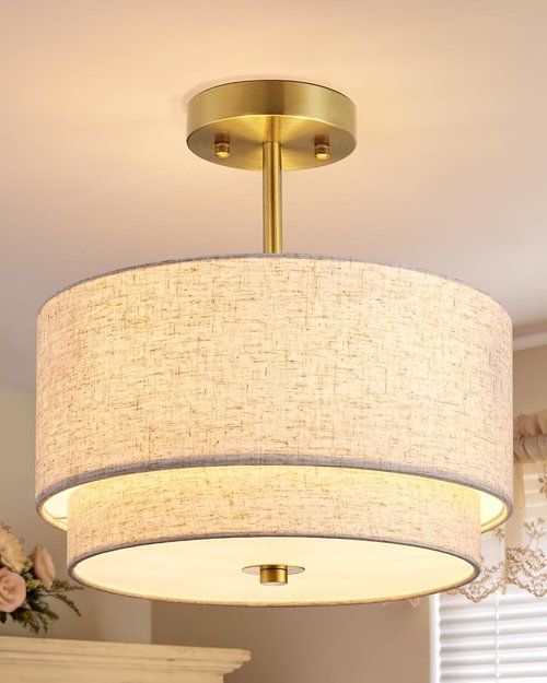 EDISHINE 12.6-Inch Semi Flush Mount Ceiling Light - 3-Light Modern Fixture with Double Drum Linen Shade | Brushed Gold Finish for Bedroom, Hallway, Dining Room