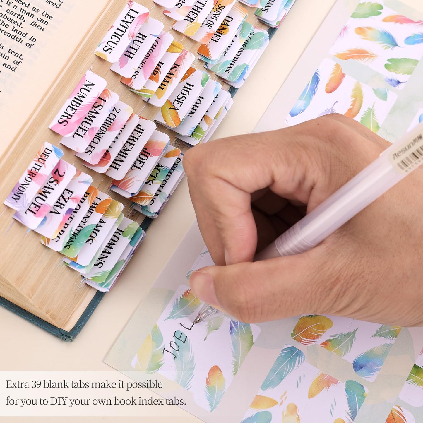 Bible Tabs For Women, 66 Large Print Laminated Bibles Chapters Index Tabs and 39 Blank Dividers Sticky Labels, Cute Beauty Feather Bible Study Supplies, Journaling Accessories, Christian Gifts for Men