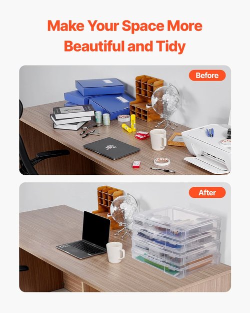 VEVOR Scrapbook Paper Storage, 4 Pack Stackable Plastic Board Game Boxes, Clear Multi-Purpose Document Case with Rounded Corners and Double Latches, for Office Essentials Tools Arts Crafts Supplies