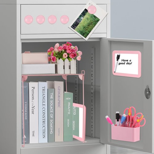 Fippy Pink locker accessories kit, locker decorations for girls, cute locker set includes locker shelf, magnetic locker mirror and whiteboard, pen holder, markers and magnets