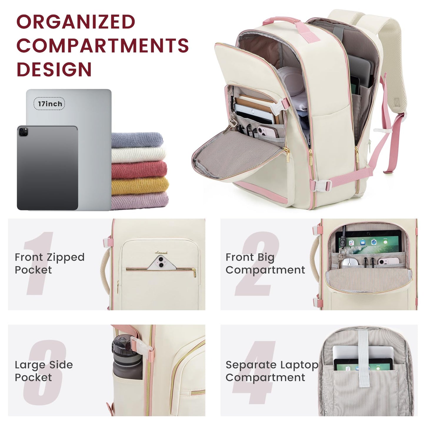 LOVEVOOK 40L Large Travel Backpack for Women Men, 17 Inch Carry on Backpack for Traveling on Airplane, Personal Item Travel Bag Airline Approved, Business Causal Weekender Backpack, Beige-Pink