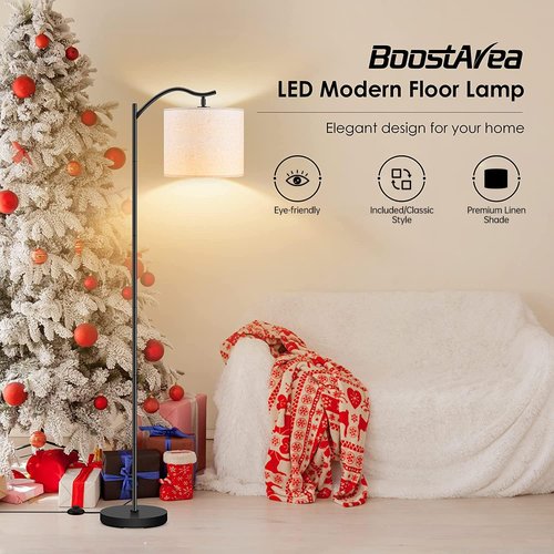 BoostArea LED Floor Lamp - Modern Arched Design with Beige Linen Shade | Tall Standing Lamp for Living Room, Bedroom, Office