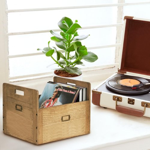 KIRIGEN Vinyl Record Storage Organizer Crate Wooden Storage Organizer Box Hold Up to 80 Record and LP Dark Brown CDH-DBR