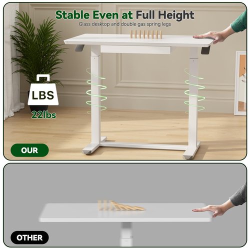 Gibbon Mounts Glass Standing Desk with Drawers,35inch Small Mobile Laptop Desk, Height Adjustable Rolling Sit Stand Desk, White Pneumatic Portable Computer Desk with Hidden Wheels or Lockable Casters