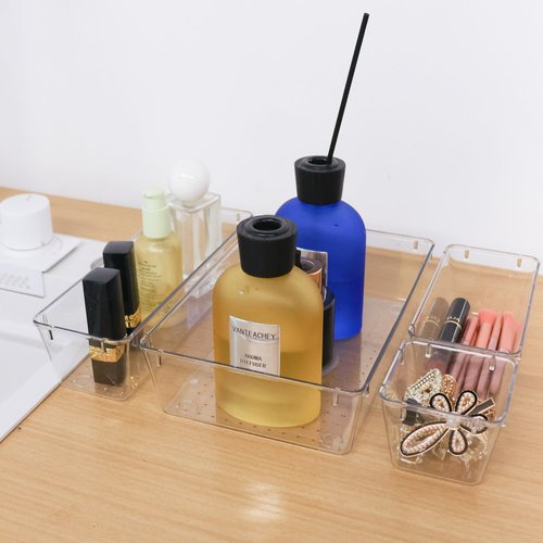 ATVAX 25 PCS Clear Plastic Drawer Organizer Set,Vanity Organizer Storage Bins Containers,4 Size Desk Drawer Organizer Tray