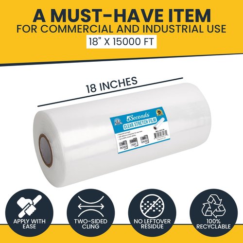 5Seconds Industrial Grade Pallet Stretch Wrap – 18" x 1500 Ft Clear Shrink Wrap, 80 Gauge, 7 Layers, 20 Microns, 800% Stretch – 4 Rolls – Heavy Duty Plastic Wrap for Moving & Storage