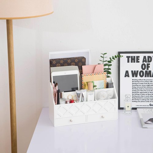 Yanzewon White Wooden Desk Organizer with 5 Compartments and 2 Drawers, Multifunctional Desk Supplies Organizer for Home Office School, Accessories Workspace Organizer and Storage