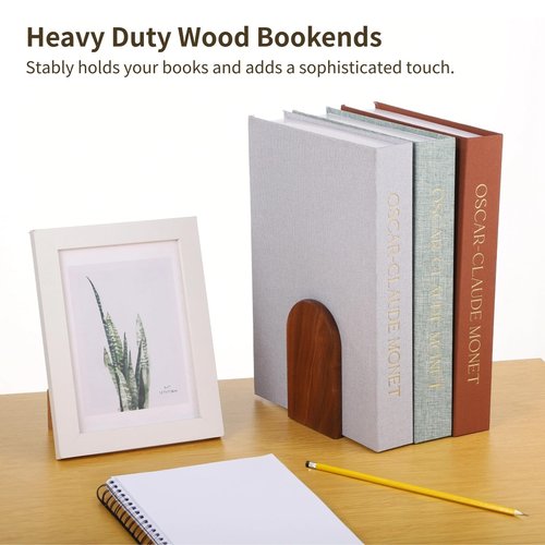 4 Pairs Wood Bookends, Heavy Duty Book Ends for Heavy Books, Non-Skid Book Organizers for Desk, Stylish Walnut Wood Design with Curved Top & Metal Support Base