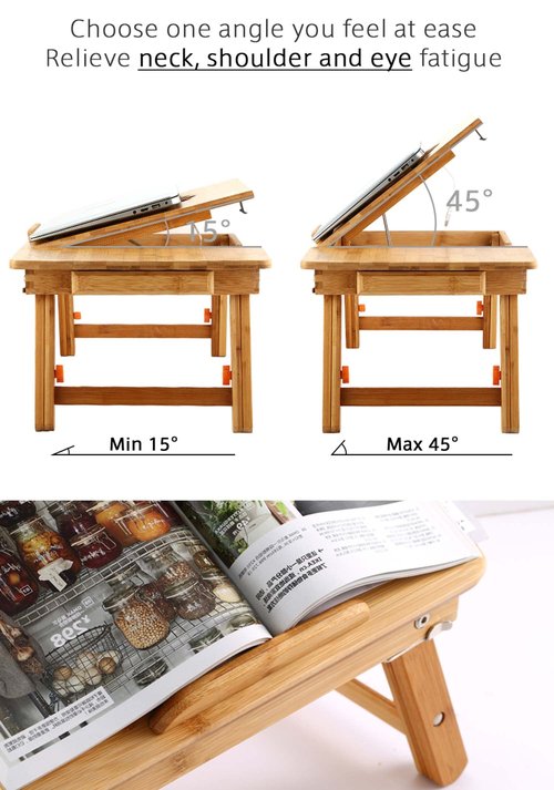 Laptop Desk Nnewvante Table Adjustable Bamboo Foldable Breakfast Serving Bed Tray w' Tilting Top Drawer