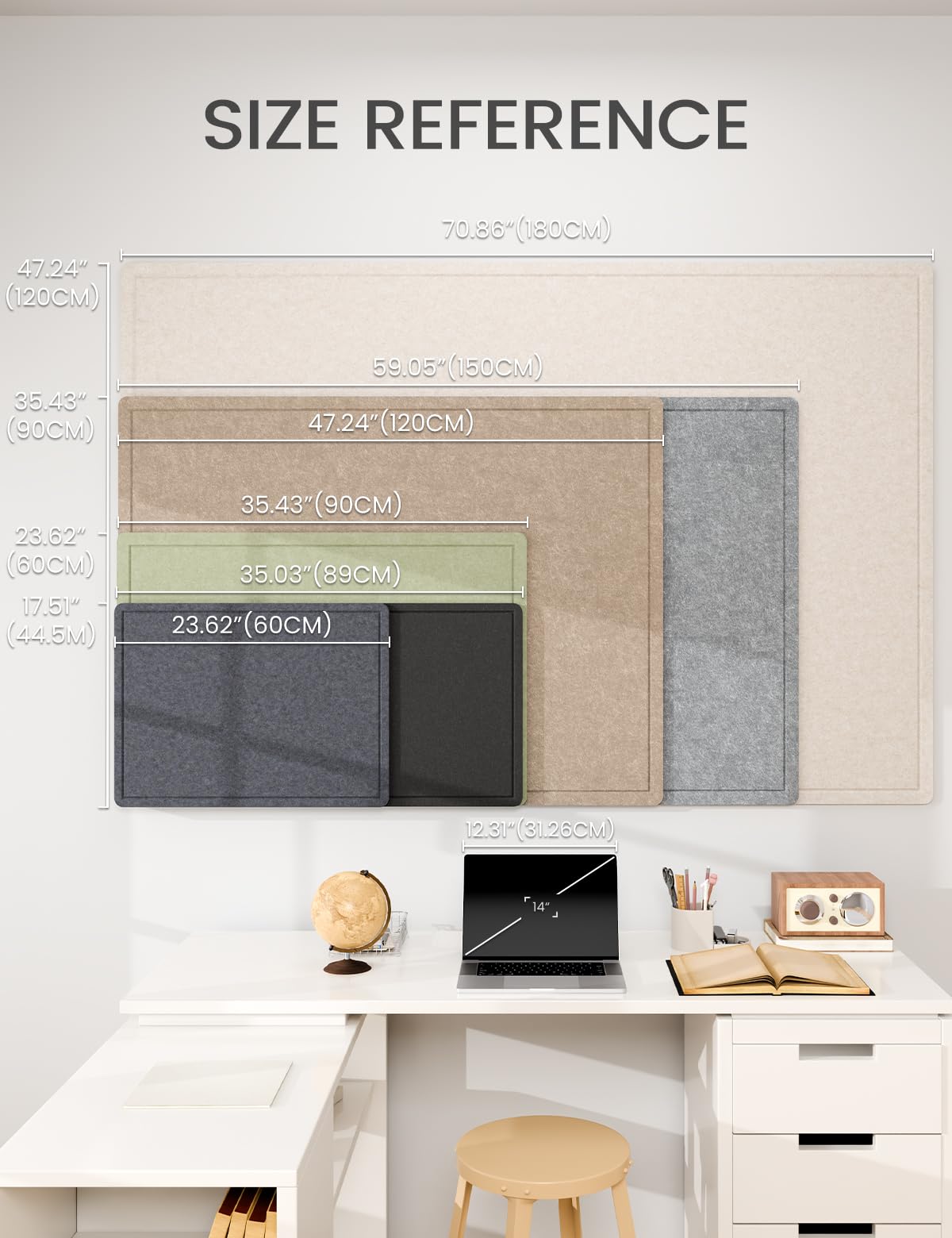 Fluxynara Bulletin Board, 23.6" x 17.5" Cork Board Alternative with 12 Safe Removable Adhesive Tabs, Foldable Felt Pin Board for Home Office, Classroom, Bedroom,Entryway for Walls—Light Gray