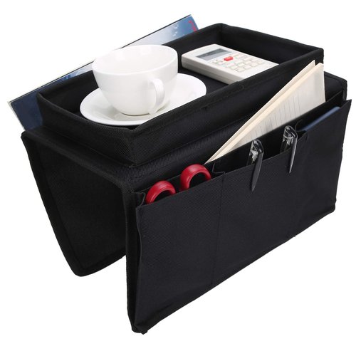 Sofa Armrest Organizer Caddy, 4 Pockets Couch Armchair Caddy TV Remote Control Holder Armchair Couch Bag with Cup Holder Tray for Snacks Glasses Smartphone Magazines(11.8x7.1x7.1in-black)