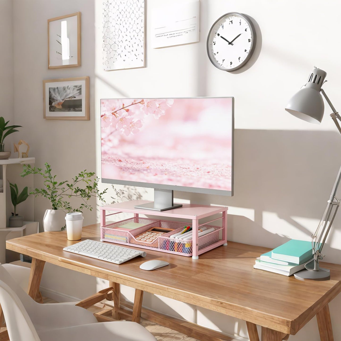 Skiennix Small Pink Laptop Stand - Stylish Monitor Stand with Drawer for Home & Office Desks