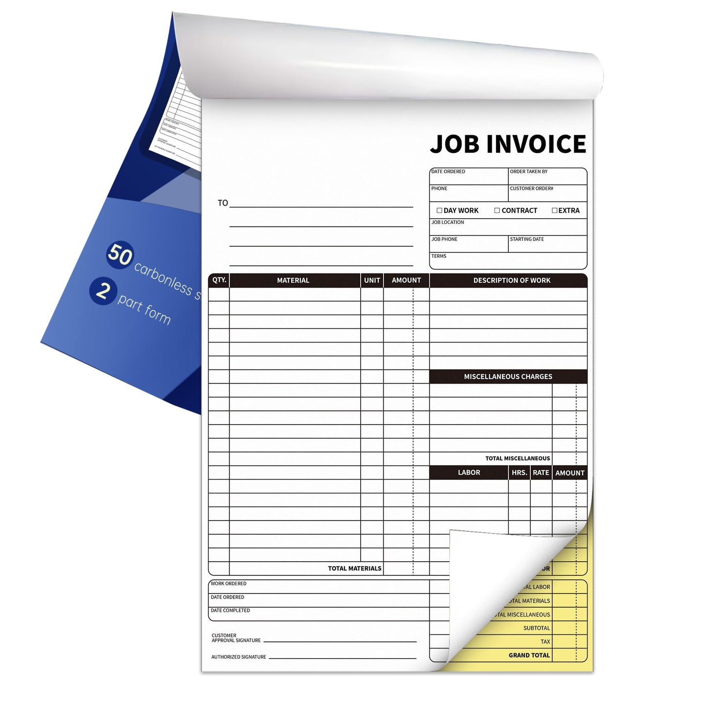 IMXYO Carbonless Work Order Forms,7.5 x 11 inches Invoices for Small Business,Sales Order Book with Backing Board, 2-Part Receipt with Carbon Copy, 50 Sets