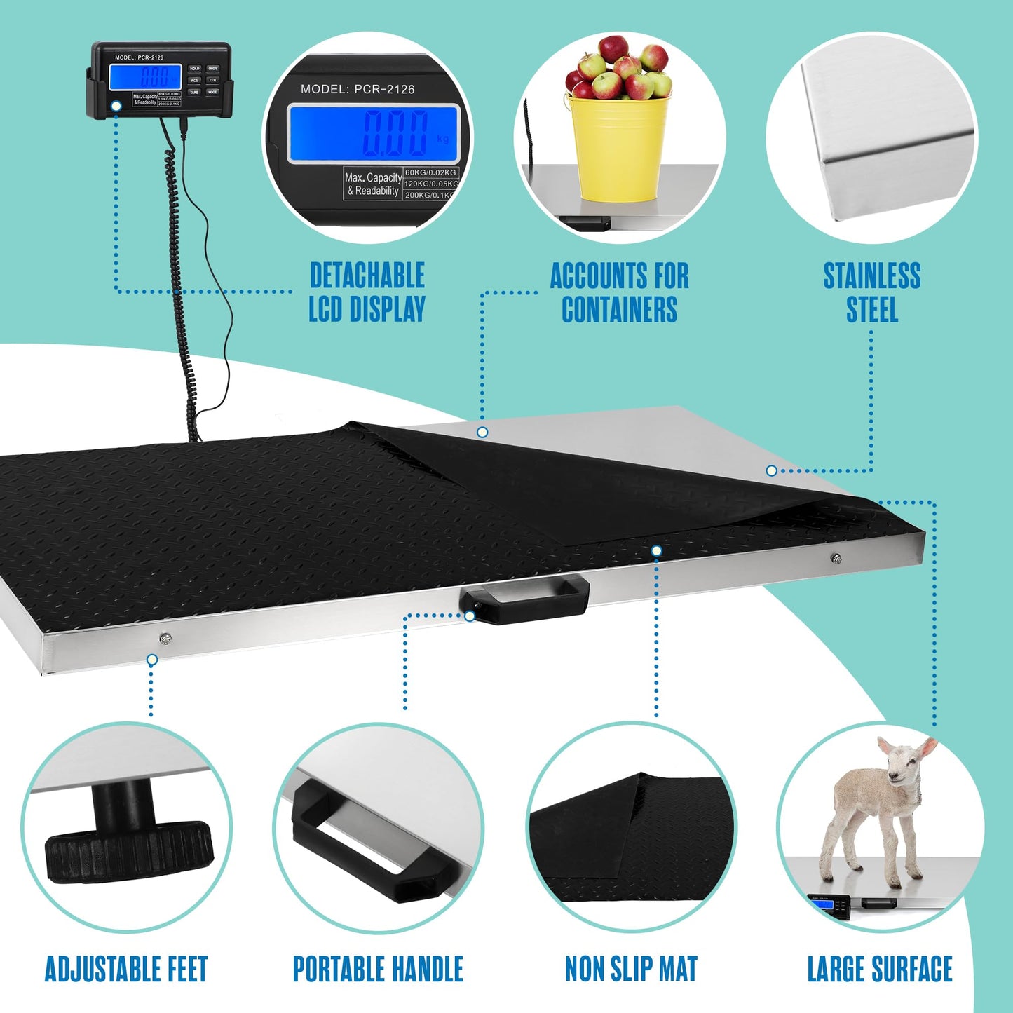 Houseables Dog Scale, Dog Scale for Large Breed, Pet, 440 LB, Livestock, Pet Weight, Animal, Veterinary, Sheep, Goat, Pig, Shipping, Packages, Weighing, Puppy, Vet, Heavy Duty, Digital, 41x21 Platform