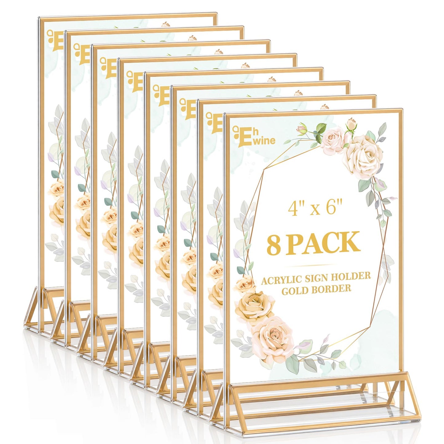 EHWINE 8 Pack 4×6 Clear Acrylic Sign Holder with Gold Borders and Vertical Stand, Double Sided Table Menu Holders Picture Frames for Wedding Table Numbers, Restaurant Signs, Photos and Art Display