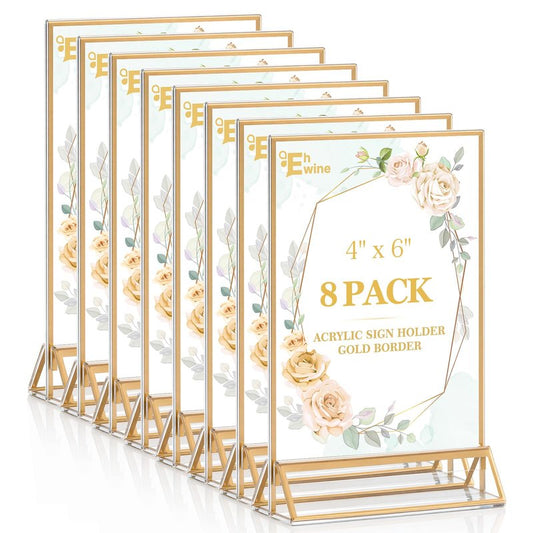EHWINE 8 Pack 4×6 Clear Acrylic Sign Holder with Gold Borders and Vertical Stand, Double Sided Table Menu Holders Picture Frames for Wedding Table Numbers, Restaurant Signs, Photos and Art Display