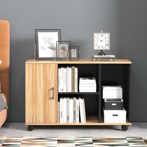 SogesHome Office File Cabinet, Mobile Lateral Filing Cabinet with 1-Door, Storage Cabinet with Lockable Wheels for Home, Office, School, Black&Brown