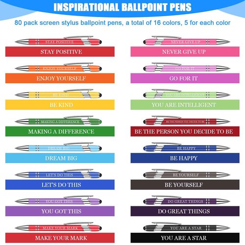Sherr 80 Pcs Motivational Inspirational Quotes Ballpoint Pens with Stylus Tip 5.6 Inch Funny Ink Pen Bulk Inspirational Gifts for nurse Women Office Supplies Black Ink(Assorted,Encouraging)