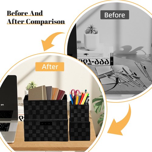 ArcaGuru Woven Polypropylene Basket Set of 8, Woven Storage Basket, Woven Strap Baskets, Woven Basket Organizer for Bedroom, Bathroom, Office, Shelf, Dresser, Kitchen, Pantry, Black