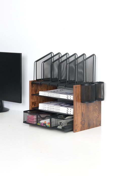 4-Tier Mesh Desk Organizer with Wooden File Holders, 5 Vertical Slots, 2 Pen Compartments, and a Drawer, Desktop Storage Solution for Home Office.