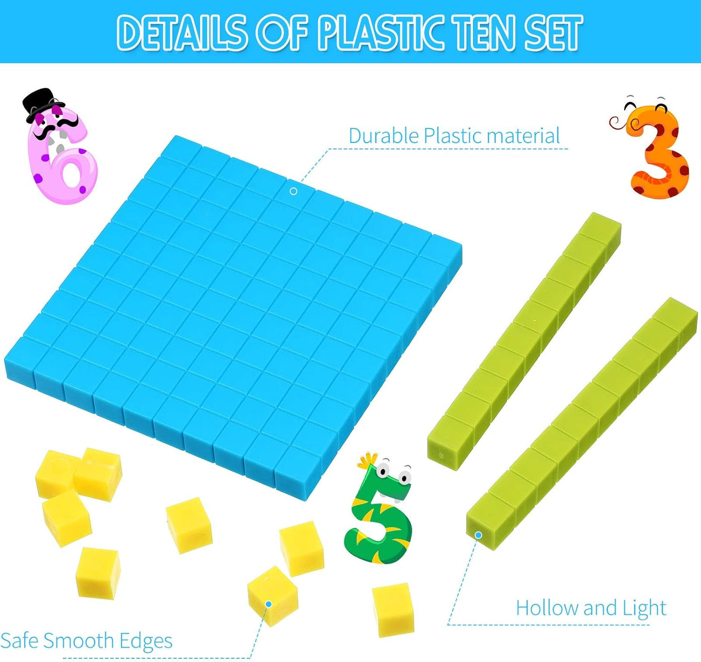 Sumind Base Ten Blocks - 121 Pieces Educational Math Learning Tools for Kids | 3 Color Plastic Counting Units
