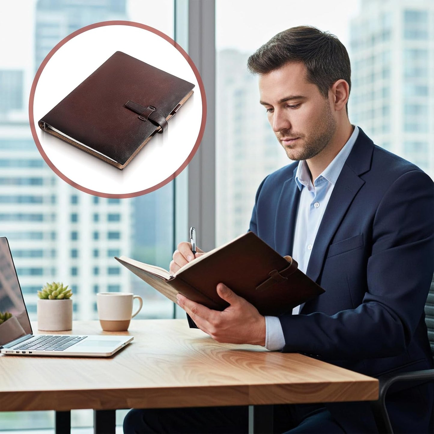 Skiennix Refillable A5 Leather Binder Notebook - Genuine Leather Journal with 6 Rings, Pocket & Card Slots