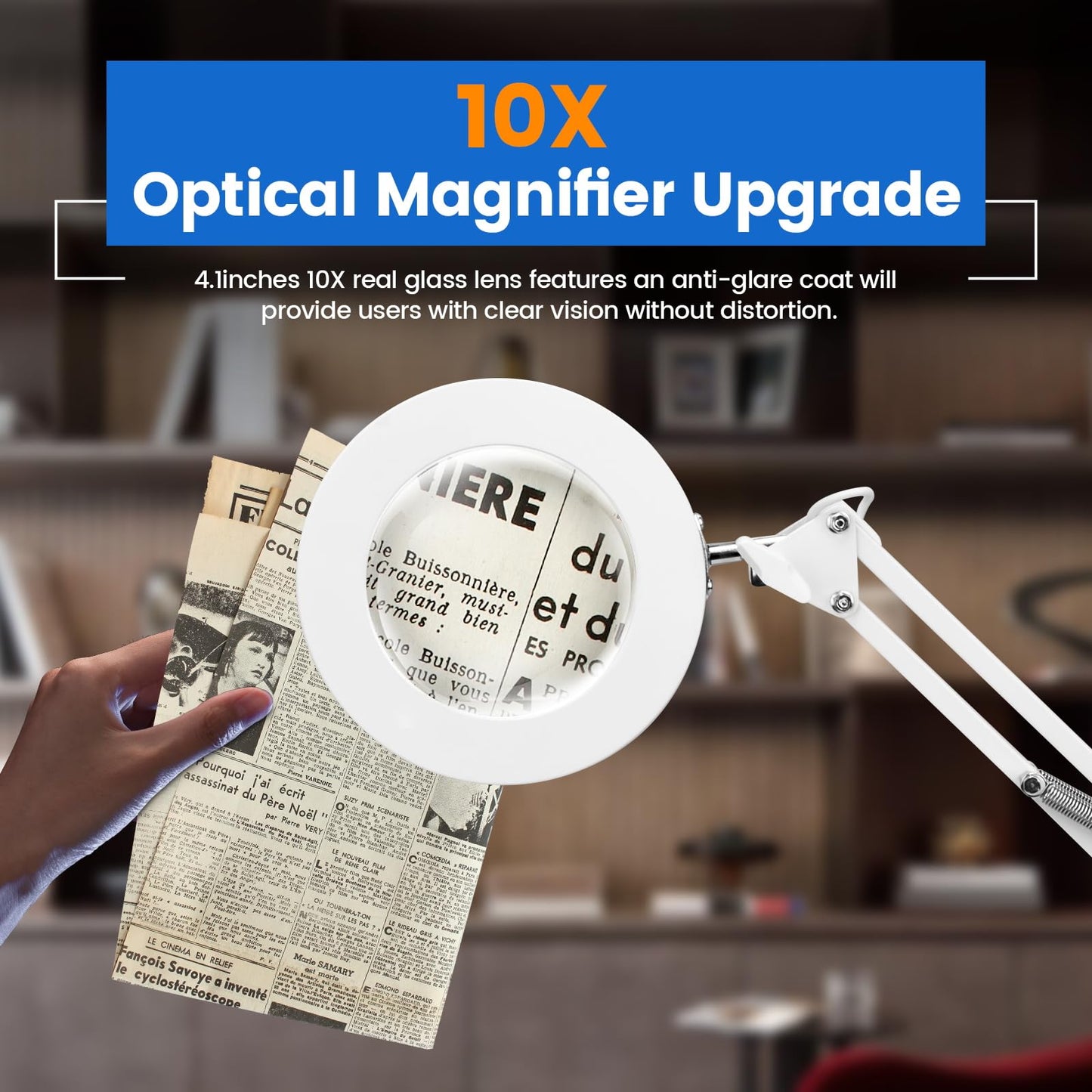 KIRKAS 10X Magnifying Glass with Light and Stand, 2-in-1 Stepless Dimmable LED Desk Lamp with Clamp, 3 Color Modes Lighted Magnifier Swivel Arm Light for Reading, Craft, Close Works - White