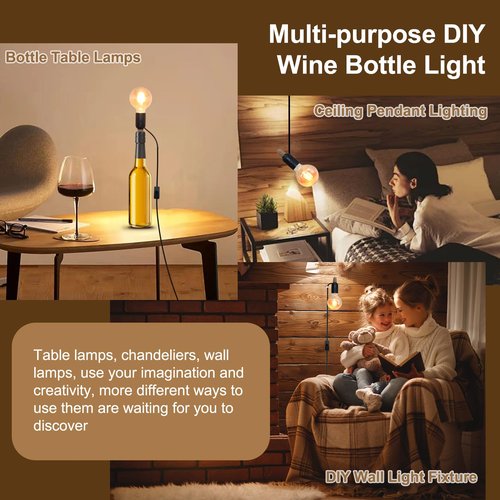 2 PCS Bottle Lamp Kit，DIY Wine Bottle Lamp for Liquor Bottle, Lamp Kits Do it Yourself, Lamp Fittings Kit for Table Lamp Includes 3 Sizes of Stoppers and 2 E27 to B22 Adapter Converter