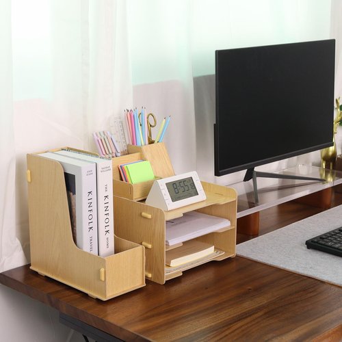 Buqoo Wooden Desk Organizer Set, Desktop File Holder with Phone Stand, 3-Tier Paper Tray, Office Supplies Storage, Natural Wood